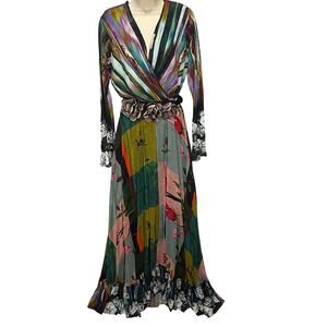 Viviana G Victorian Style Boho Maxi Dress Size L Black Floral Belt Wrap Top New